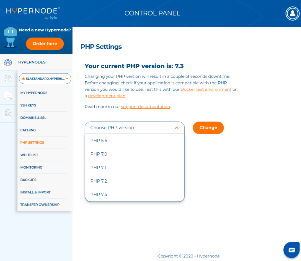 PHP 7.4 in the control panel